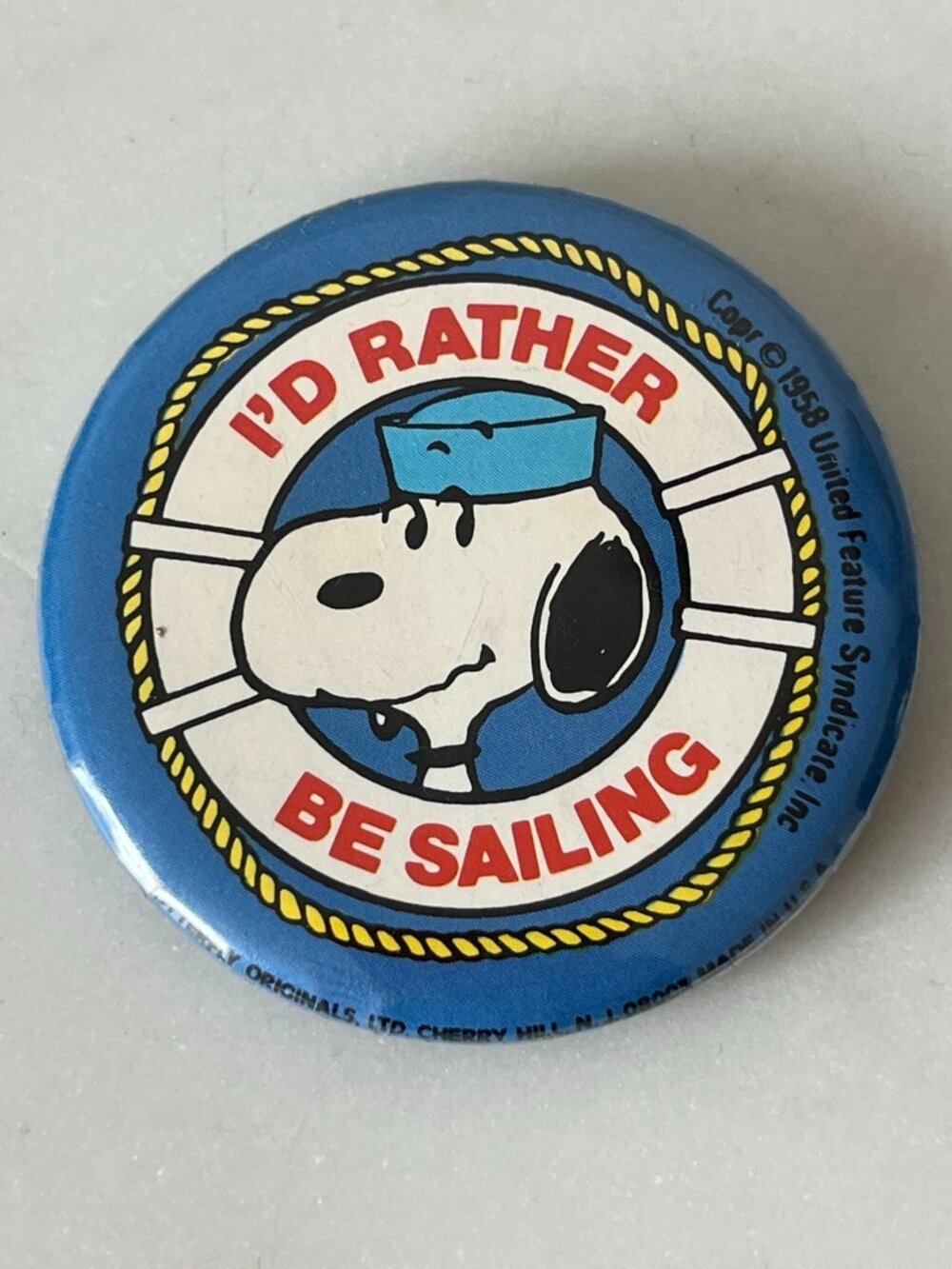 Vintage Peanuts Snoopy I'd Rather Be Sailing Pin-Back Button Metal Made in USA